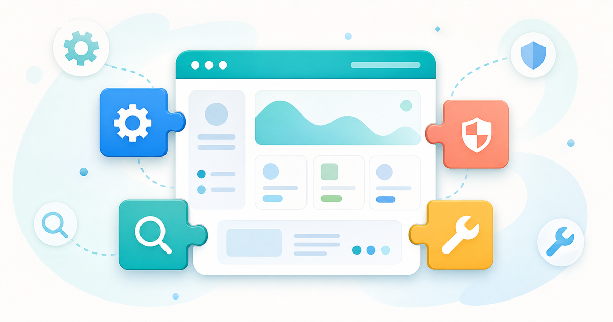 Flat illustration of puzzle-piece plugins connecting into a WordPress dashboard
